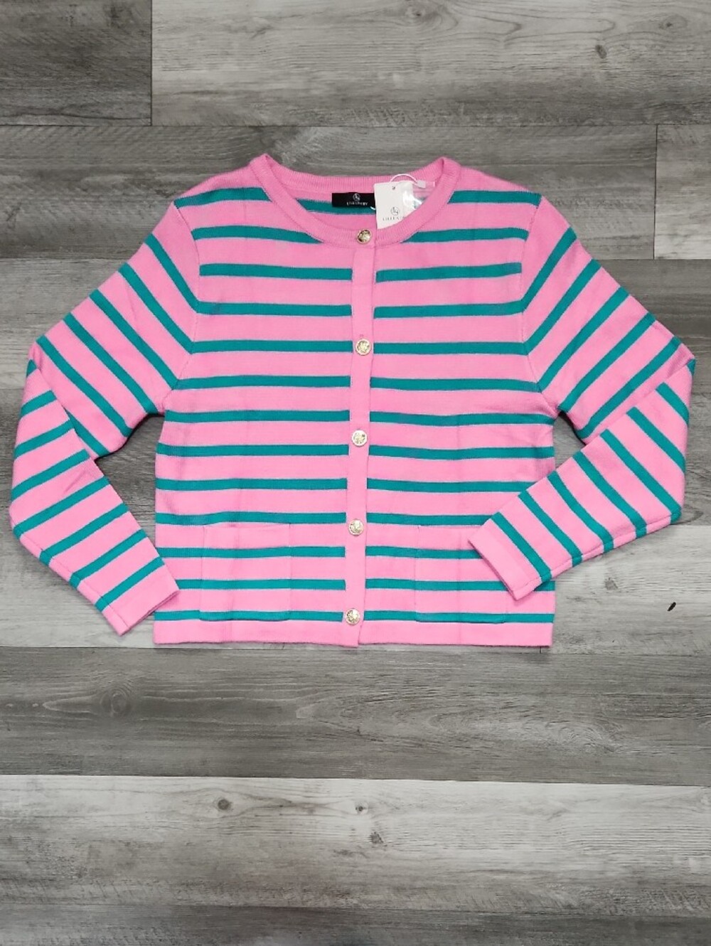 Pink & Teal Striped Gold Tone Button Down Cardigan Front Hip Pockets Womens M